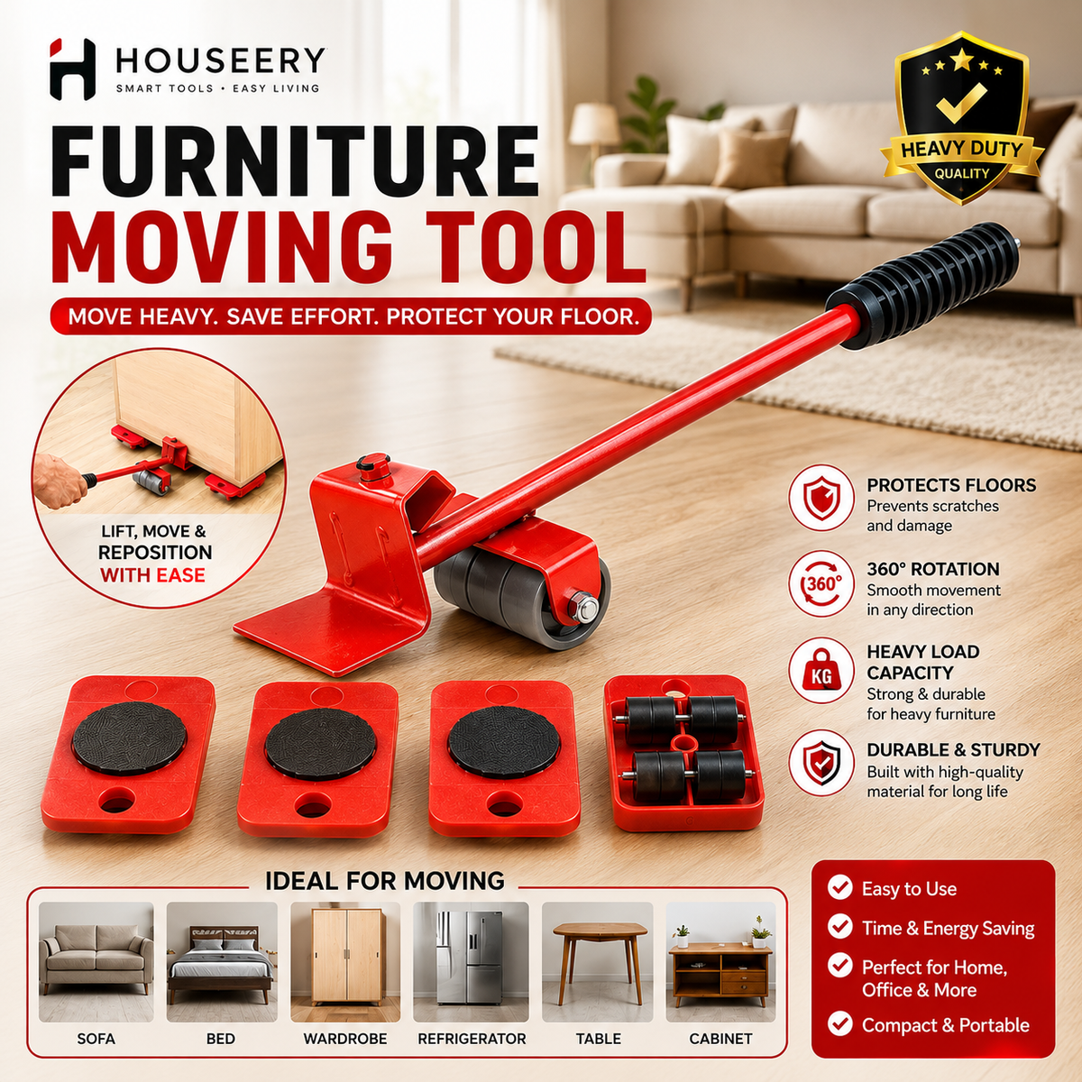 Smart Furniture Mover Kit Lift Slide & Rearrange Easily