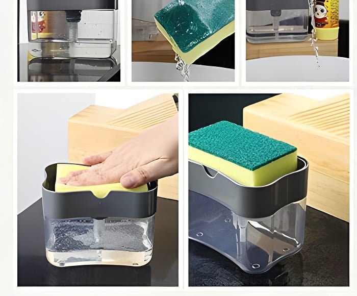 Self Dispensing Kitchen Cleaning Kit – Soap Dispenser Brush & Sponge Holder