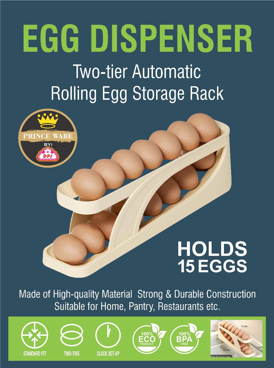 Houseery Rolling Egg Storage Box – Space-Saving Refrigerator Organizer, Holds 15 Eggs