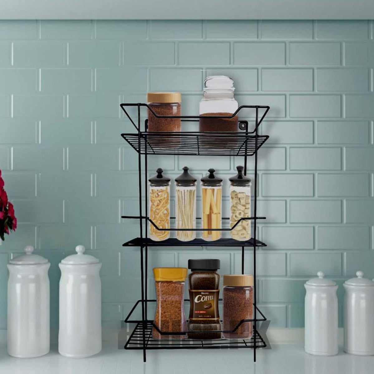 Metal Three-Layer Organizer Spice Rack Wall-Mounted Portable Storage Shelf for Kitchen Bathroom and Makeup Essentials