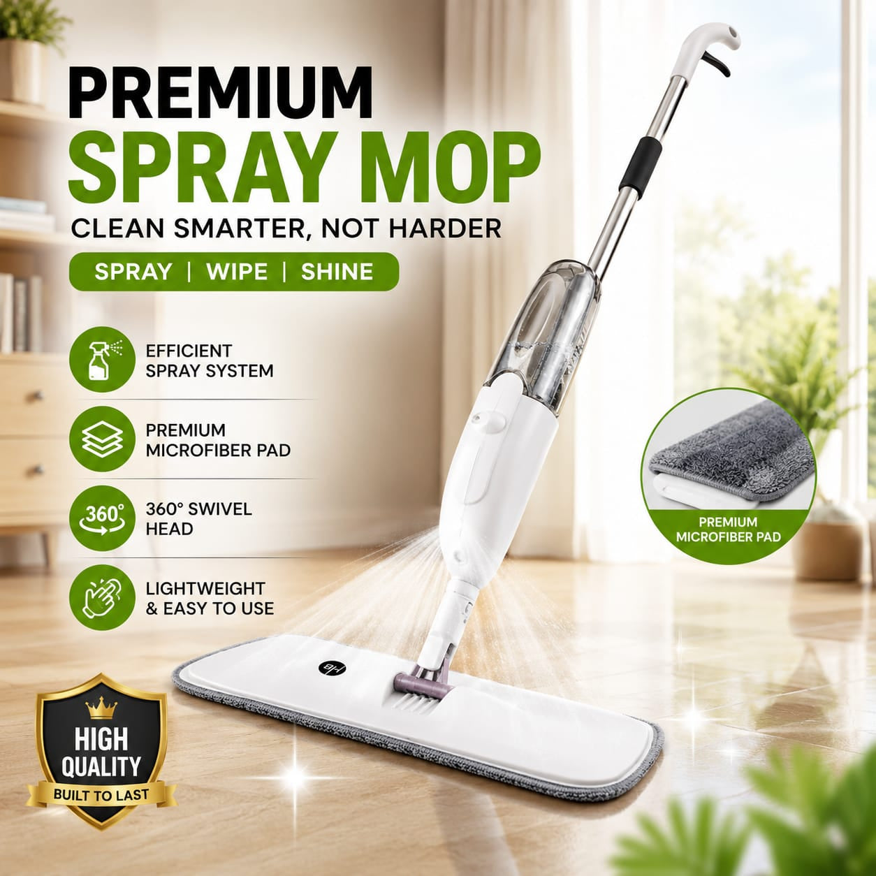 Houseery 360° Refillable Spray Mop System – Microfiber Floor Cleaning Set