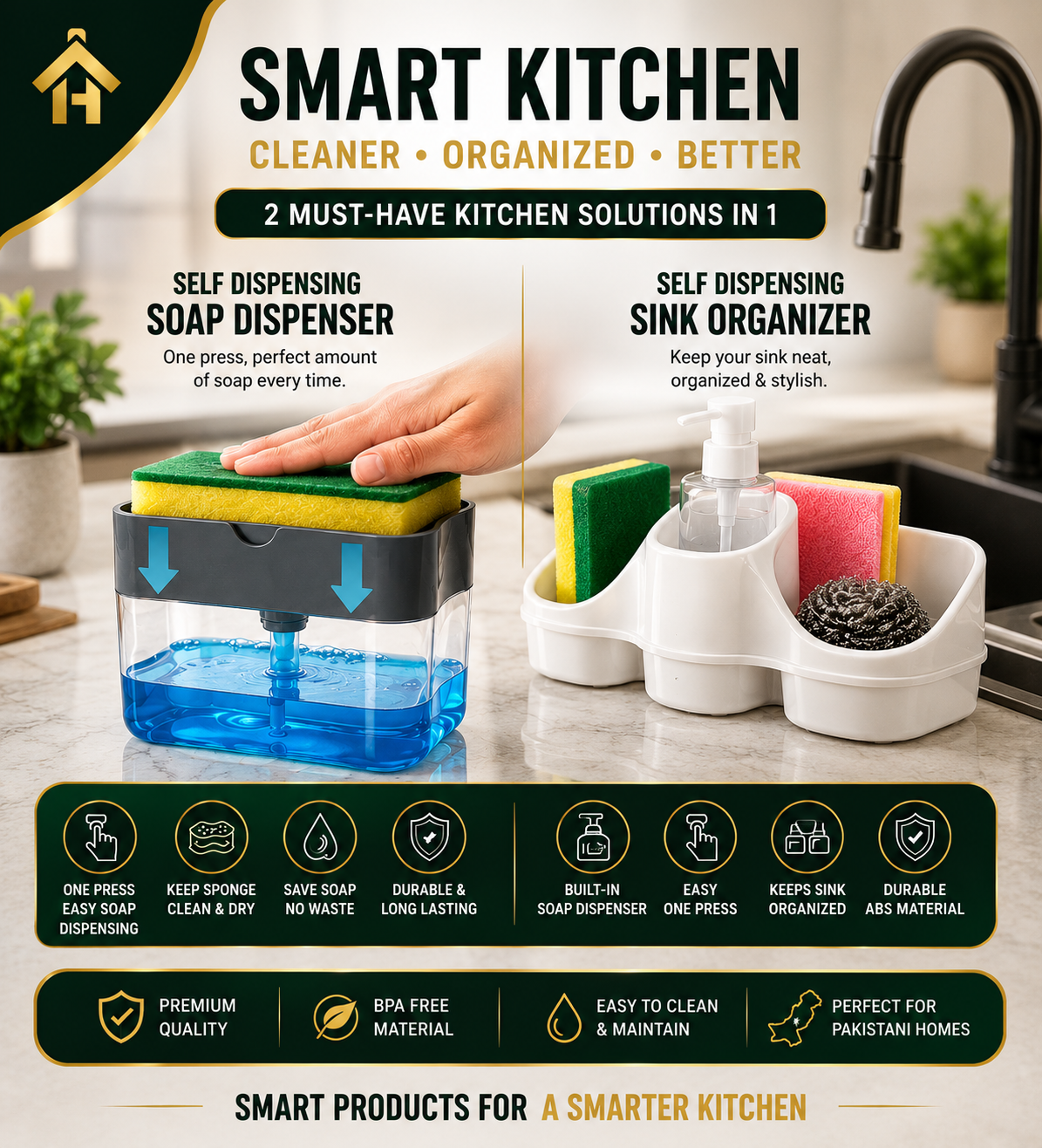 Self Dispensing Kitchen Cleaning Kit – Soap Dispenser Brush & Sponge Holder