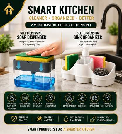 Self Dispensing Kitchen Cleaning Kit – Soap Dispenser Brush & Sponge Holder