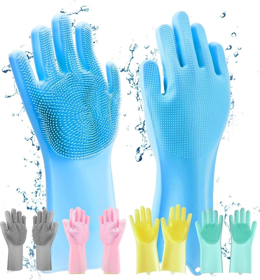 Houseery Silk-Touch Dishwashing Gloves – Heat-Resistant Silicone with Built-In Scrubber