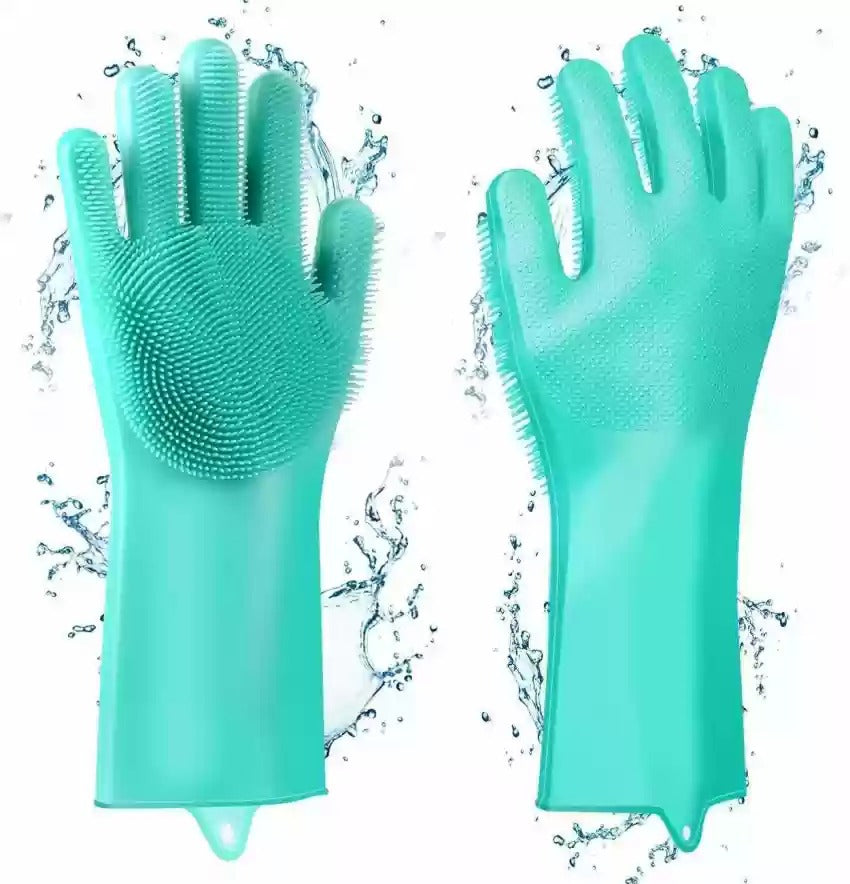 Houseery Silk-Touch Dishwashing Gloves – Heat-Resistant Silicone with Built-In Scrubber