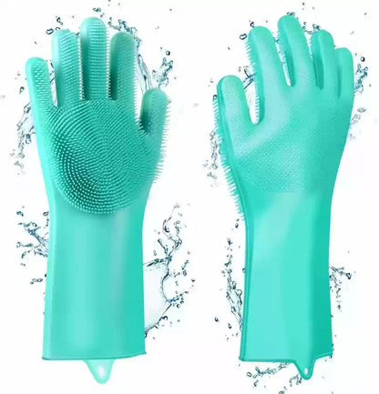 Houseery Silk-Touch Dishwashing Gloves – Heat-Resistant Silicone with Built-In Scrubber