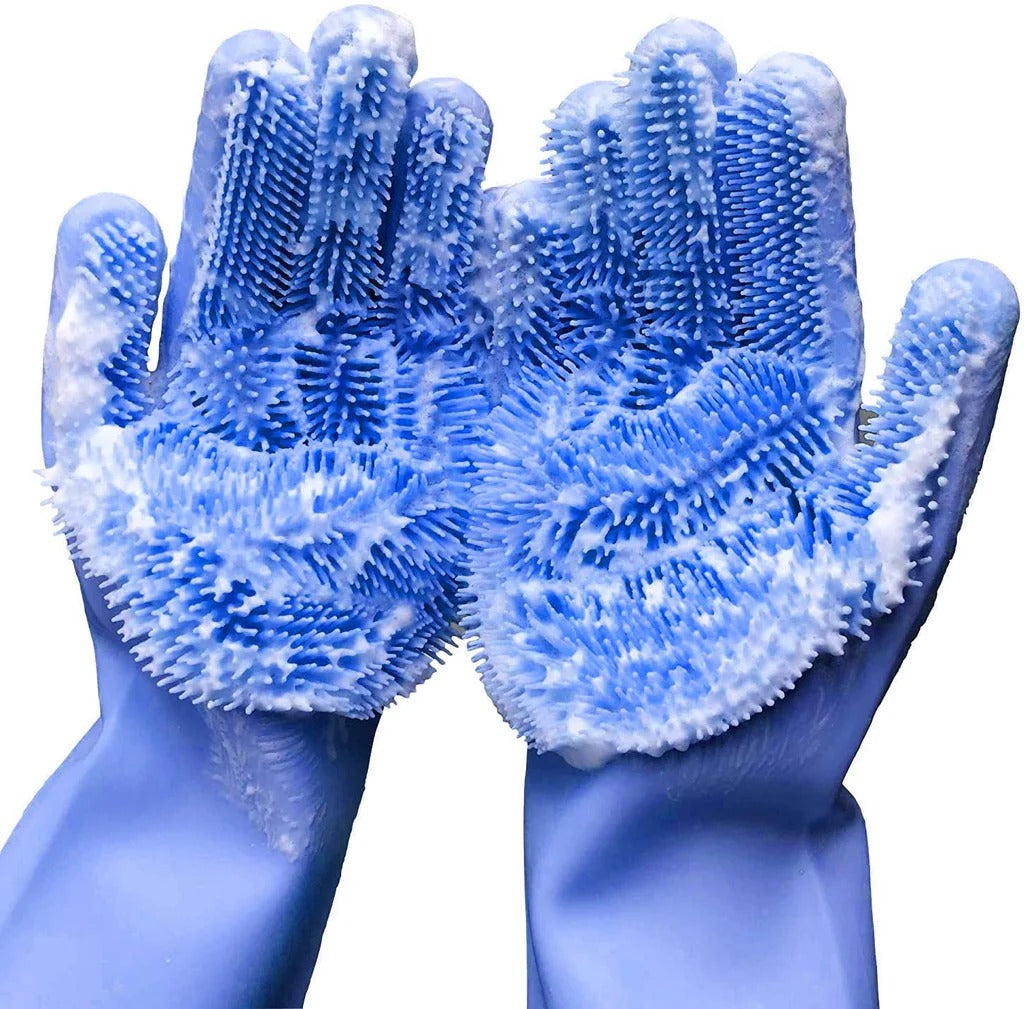 Houseery Silk-Touch Dishwashing Gloves – Heat-Resistant Silicone with Built-In Scrubber