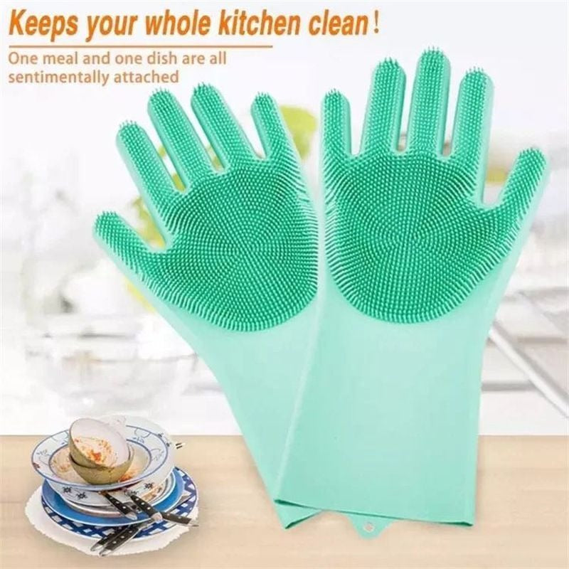 Houseery Silk-Touch Dishwashing Gloves – Heat-Resistant Silicone with Built-In Scrubber